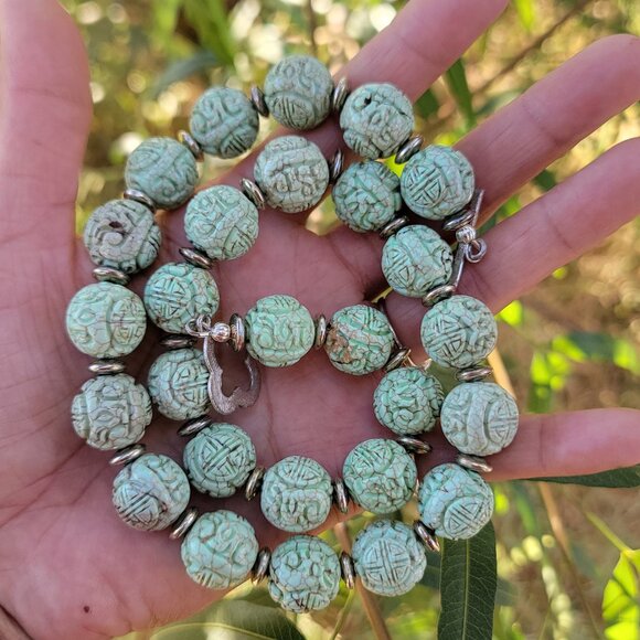 Jewelry - Absolutely stunning RARE Chinese natural green turquoise carved shou beads sterl